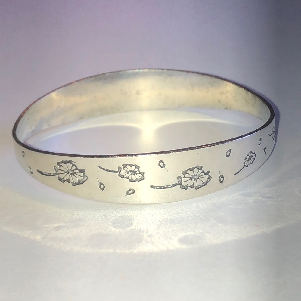 Silver Tone Floral Engraved Bangle Bracelet